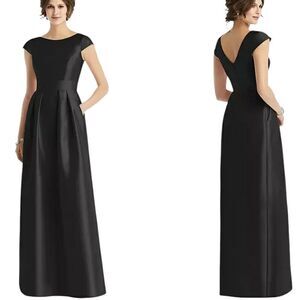 NWT Alfred Sung Cap Sleeve Pleated Skirt Dress Pockets Black Maxi Dress Size 2